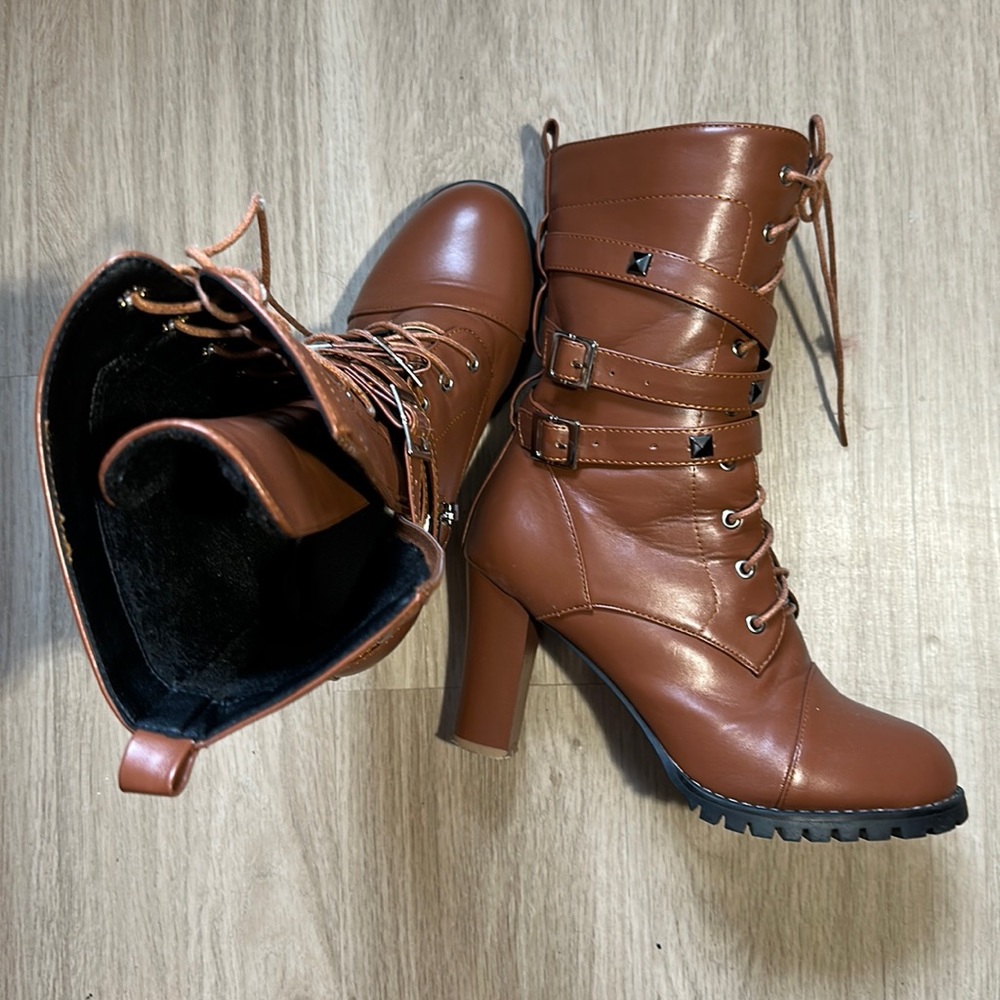 Mid Calf Boots Thick High Heels Round Platform Buckle Zipper Rivets Lace Up